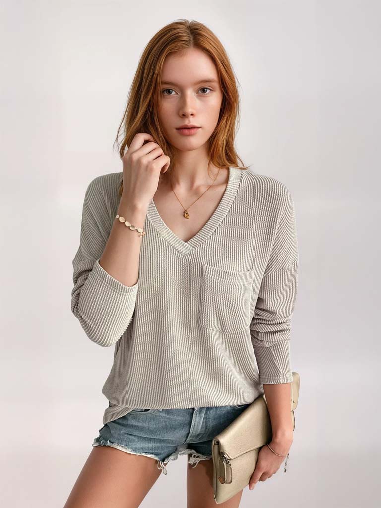 Soft Knit V-Neck – Casual & Cozy Long Sleeve Pullover