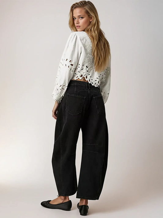 Mid-Rise Barrel Wide-Leg Jeans
