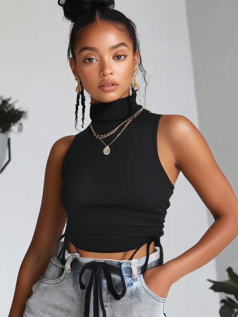 Women's Cropped Top – Sleeveless Drawstring Turtleneck | Trendy & Comfortable