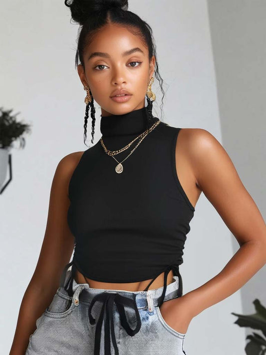Women's Cropped Top – Sleeveless Drawstring Turtleneck | Trendy & Comfortable
