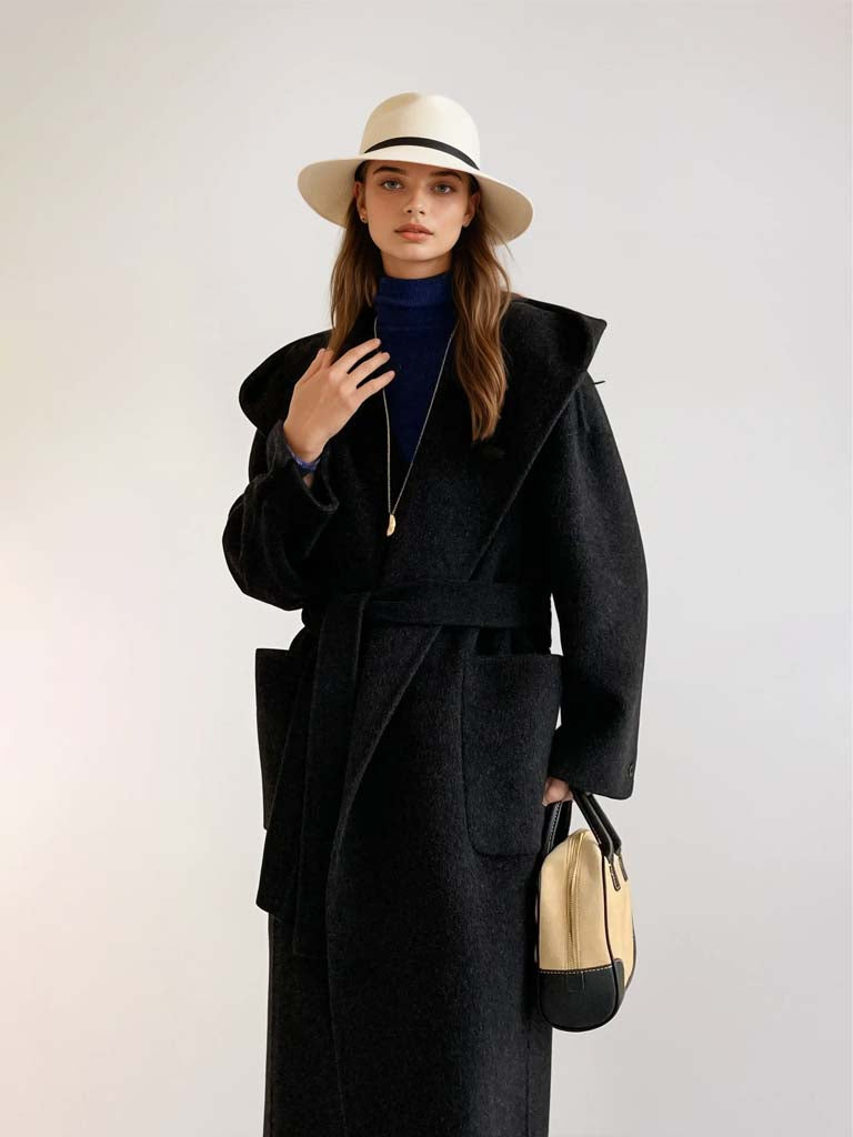 Women's 100% Wool Hooded Overcoat | Hand-Stitched Double-Faced Wool Coat