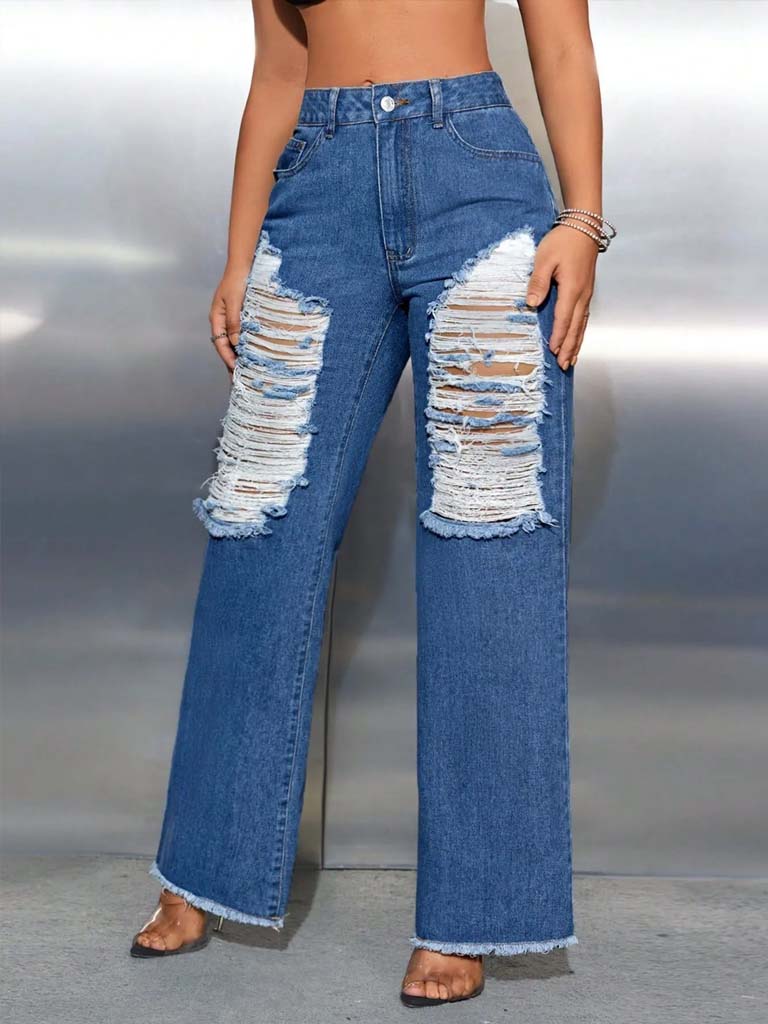 Women's Ripped Wide-Leg Denim Jeans - High Waist Cotton