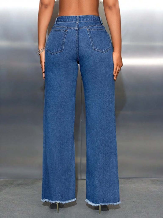 Women's Ripped Wide-Leg Denim Jeans - High Waist Cotton