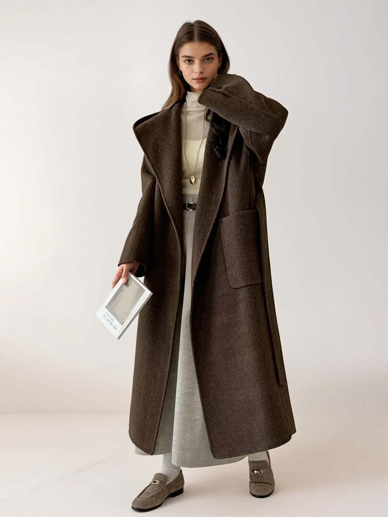 Women's 100% Wool Hooded Overcoat | Hand-Stitched Double-Faced Wool Coat