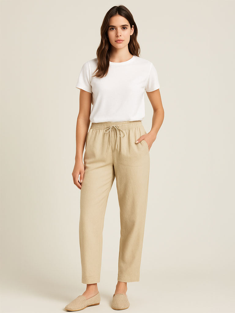 Cotton-Linen Elastic-Waist Wide-Leg Trousers
