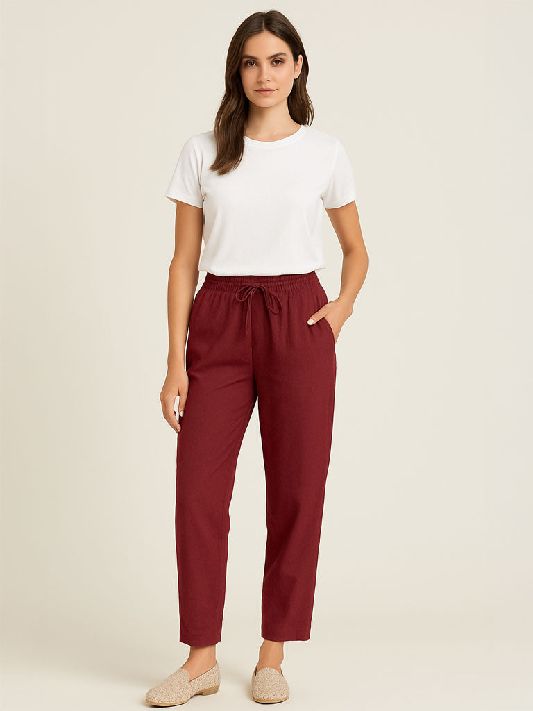 Cotton-Linen Elastic-Waist Wide-Leg Trousers