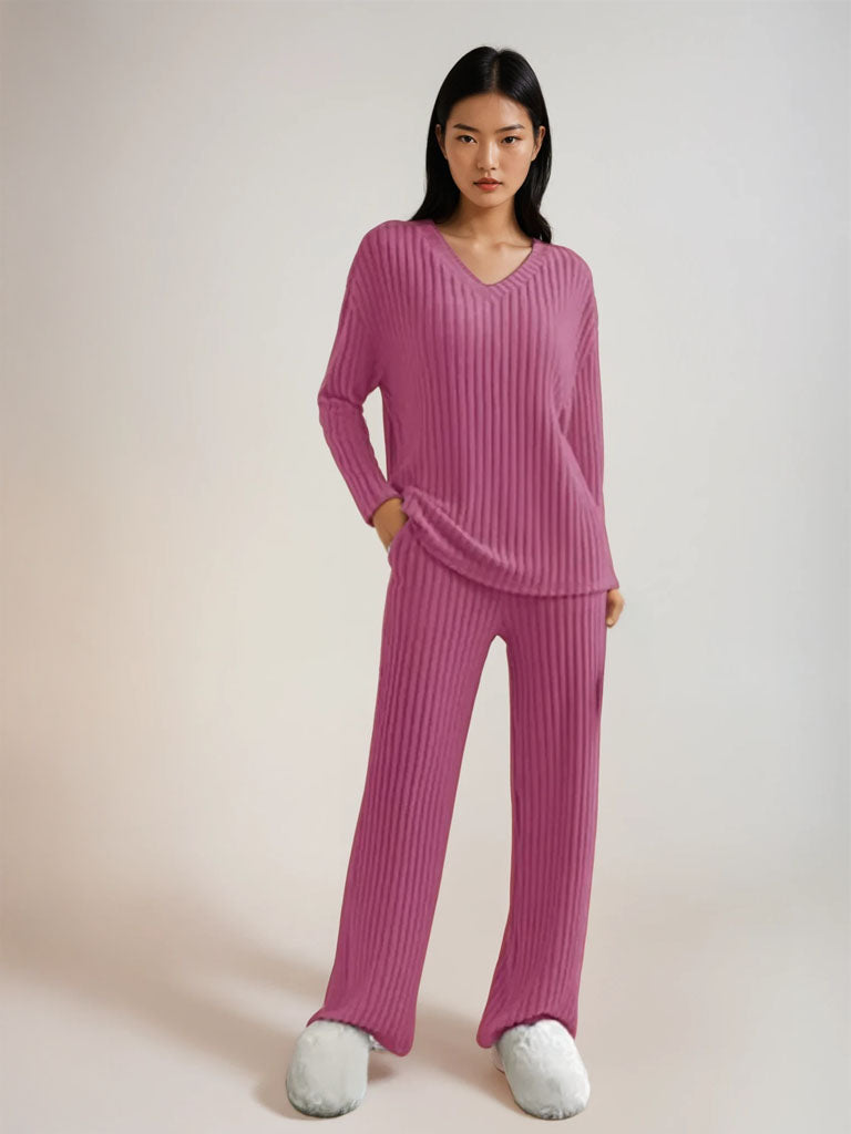 Women’s Ribbed V-Neck Lounge Set – Cozy Two-Piece Matching Top & Pants