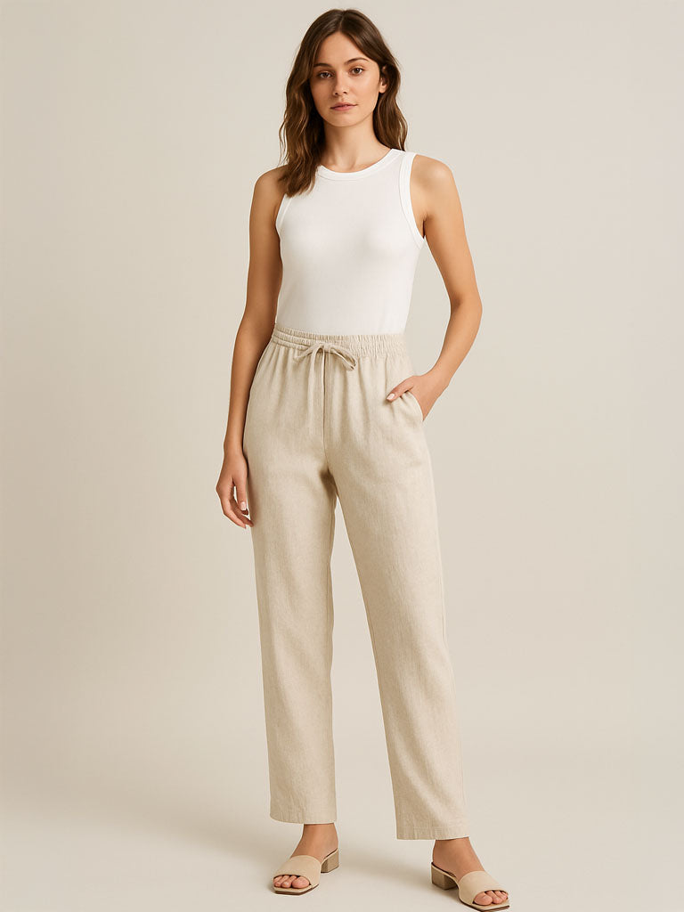 Cotton-Linen Elastic-Waist Wide-Leg Trousers