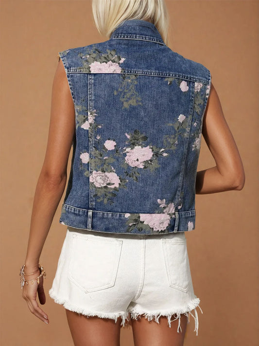 Dark Blue Cotton Flower Print Denim Vest