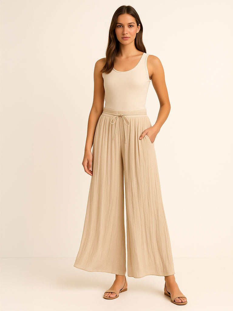 High‑Waist Wide‑Leg Chiffon Palazzo Pants
