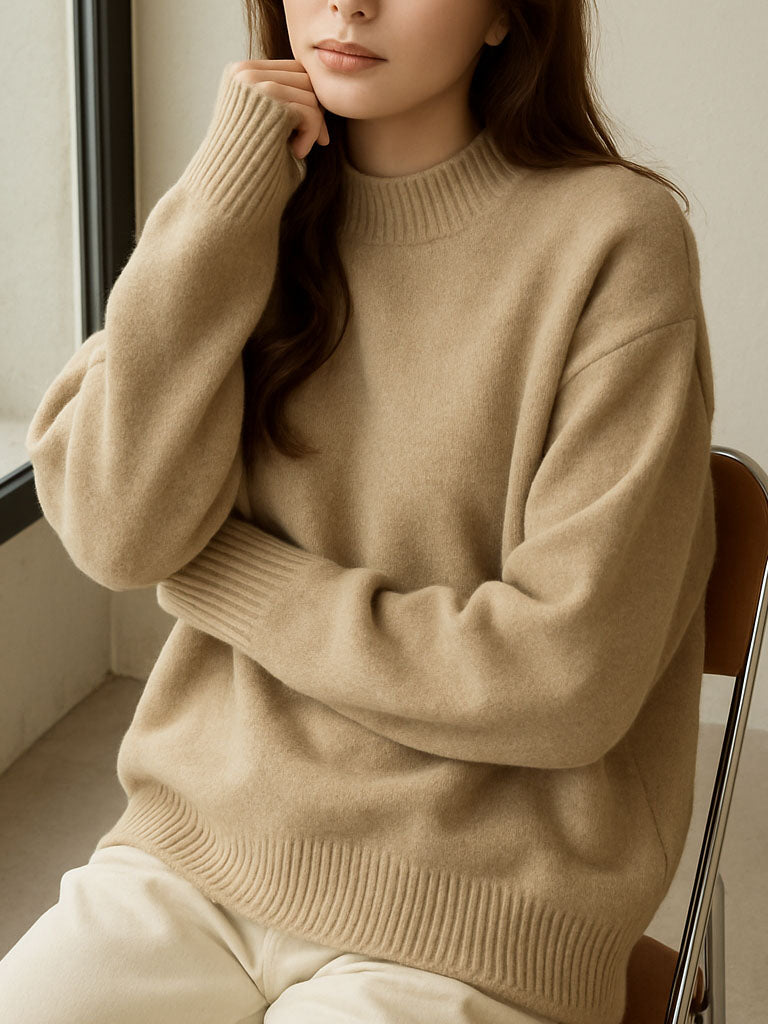 Cotton–Cashmere Pullover Sweater – Solid Round Neck (One Size)