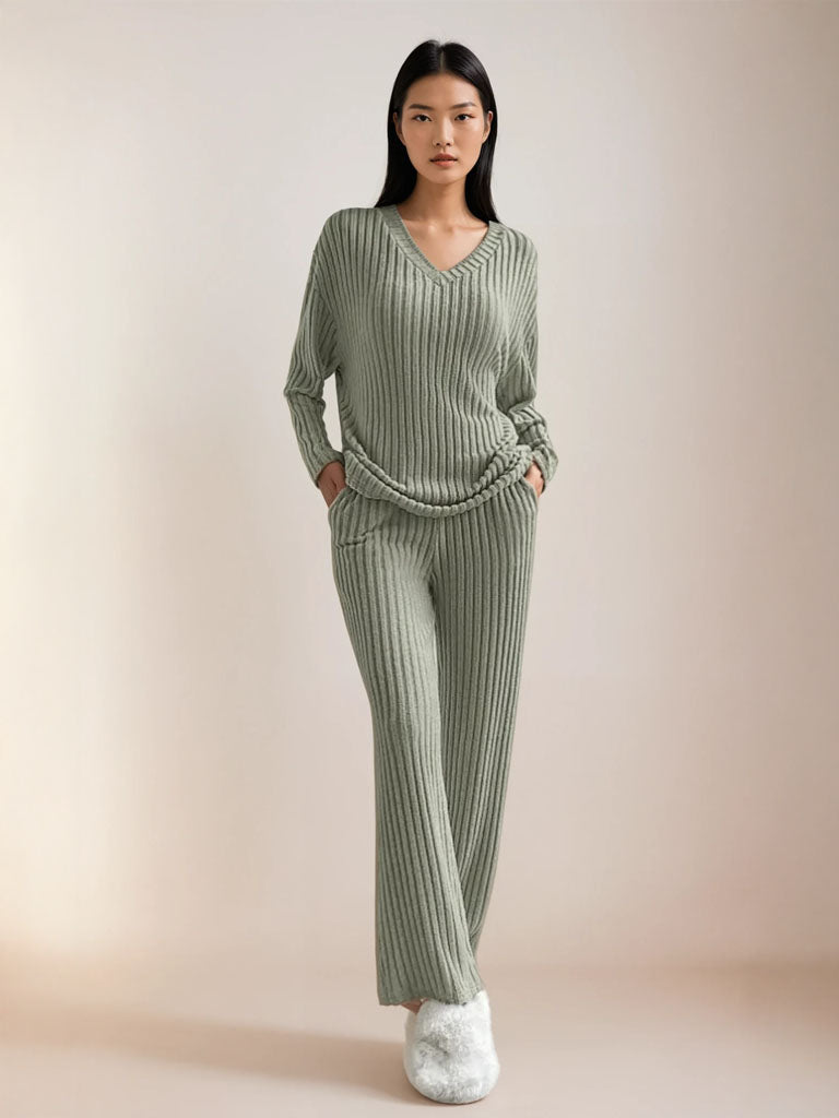 Women’s Ribbed V-Neck Lounge Set – Cozy Two-Piece Matching Top & Pants
