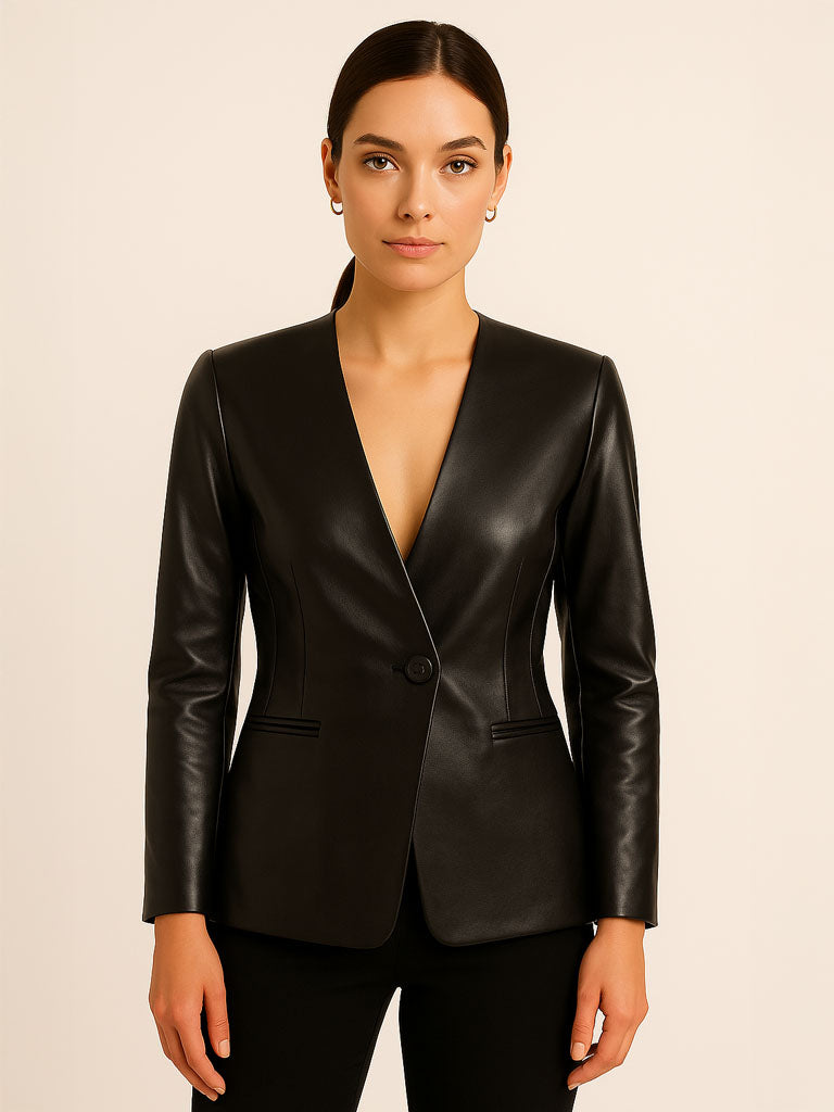 V‑Neck Slim Faux Leather Blazer Coat