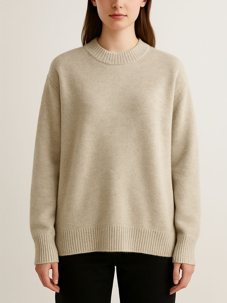 Cotton–Cashmere Pullover Sweater – Solid Round Neck (One Size)