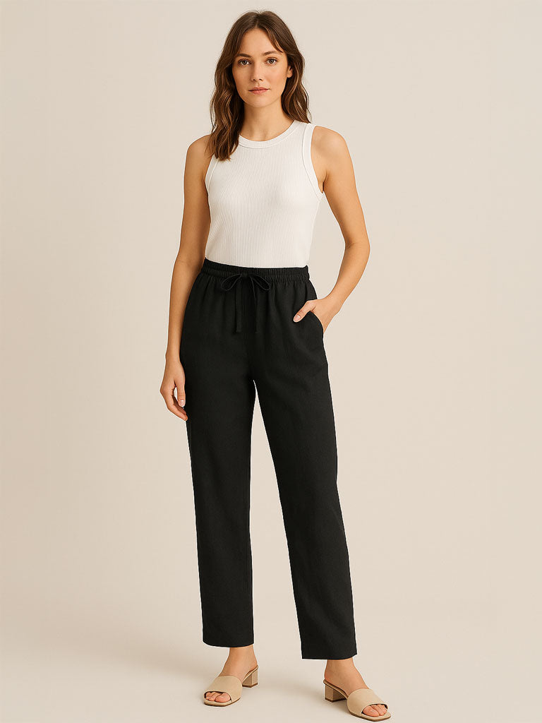 Cotton-Linen Elastic-Waist Wide-Leg Trousers