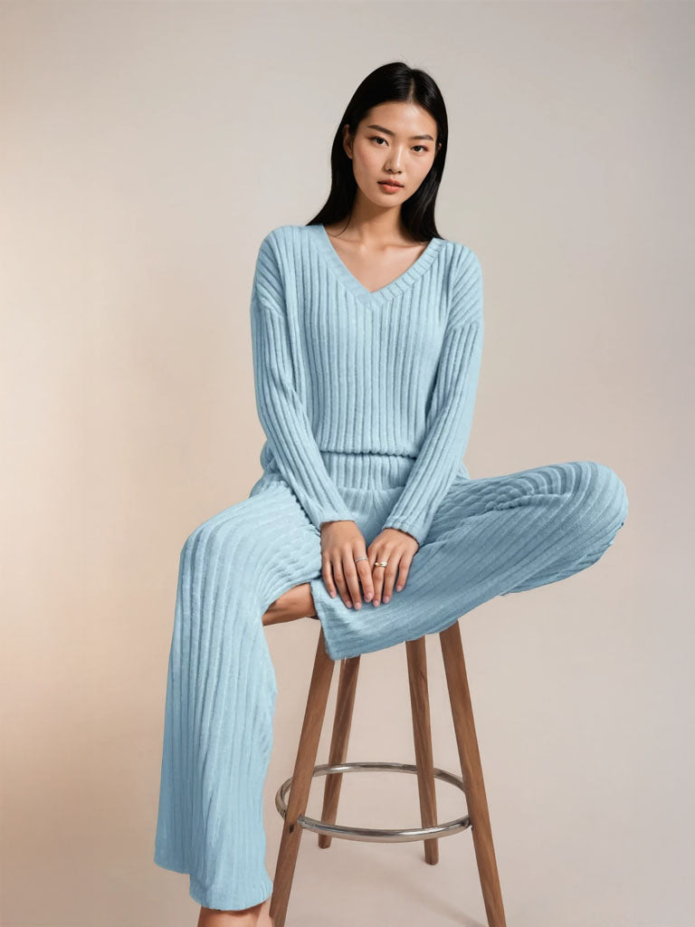 Women’s Ribbed V-Neck Lounge Set – Cozy Two-Piece Matching Top & Pants