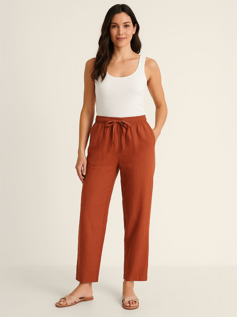 Cotton-Linen Elastic-Waist Wide-Leg Trousers