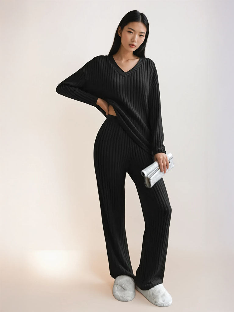 Women’s Ribbed V-Neck Lounge Set – Cozy Two-Piece Matching Top & Pants