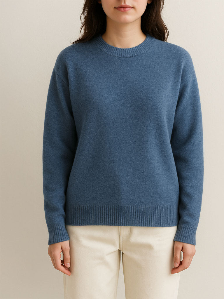 Cotton–Cashmere Pullover Sweater – Solid Round Neck (One Size)
