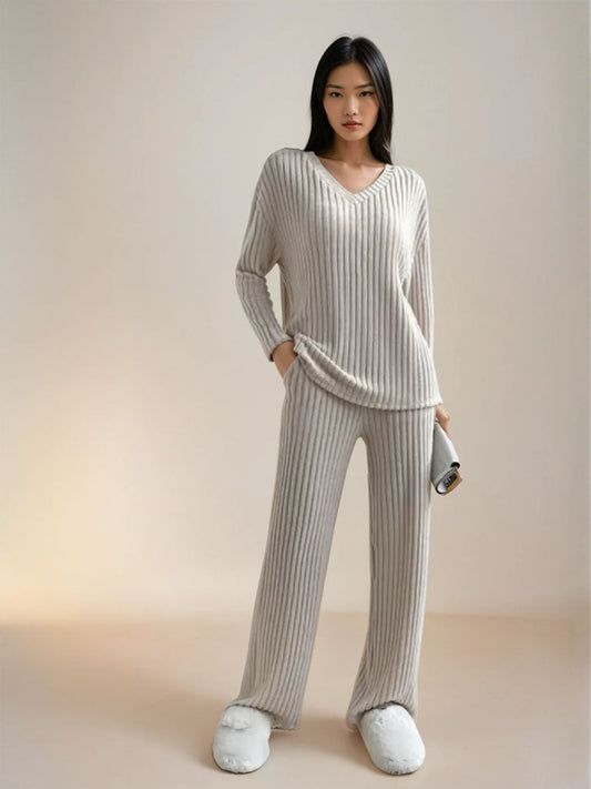 Women’s Ribbed V-Neck Lounge Set – Cozy Two-Piece Matching Top & Pants