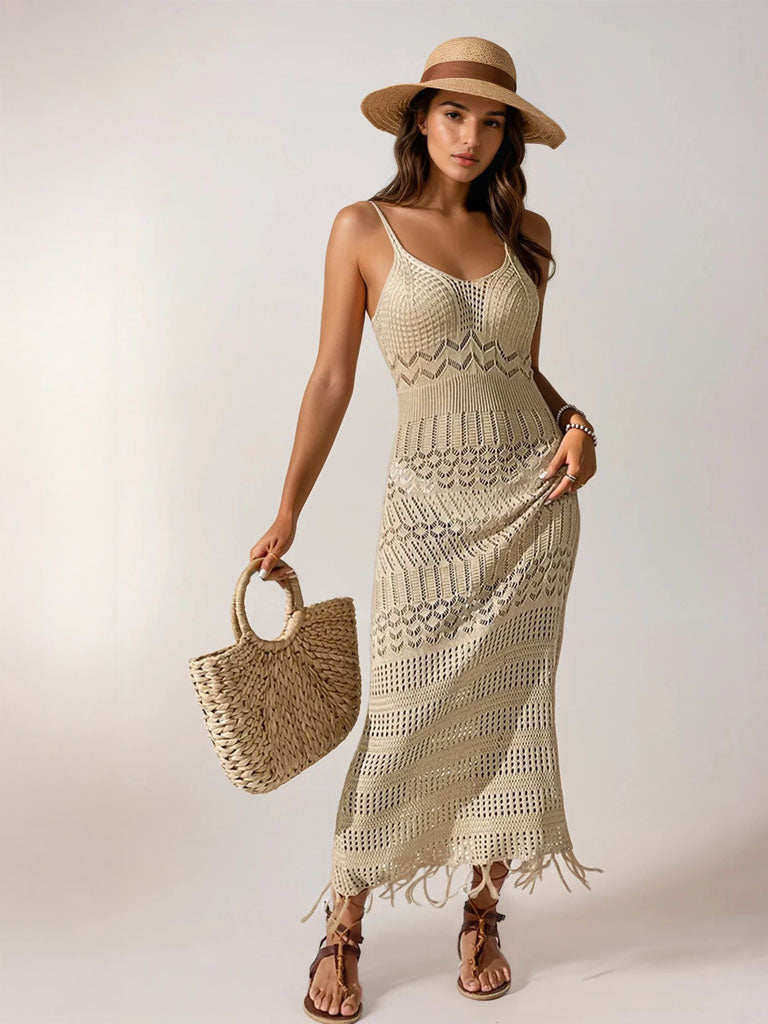Cutout Sling Maxi Dress with Tassels | Slim-Fit Sleeveless