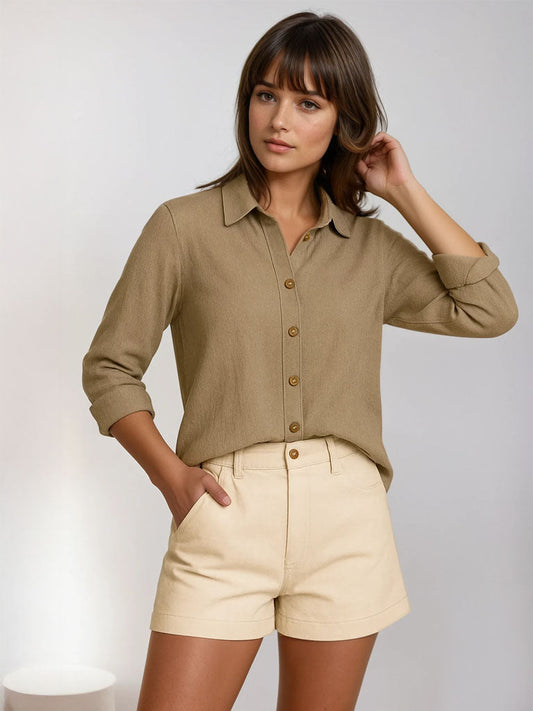 Womens Casual Long Sleeve Button-Down Top – Lightweight Pleated Design