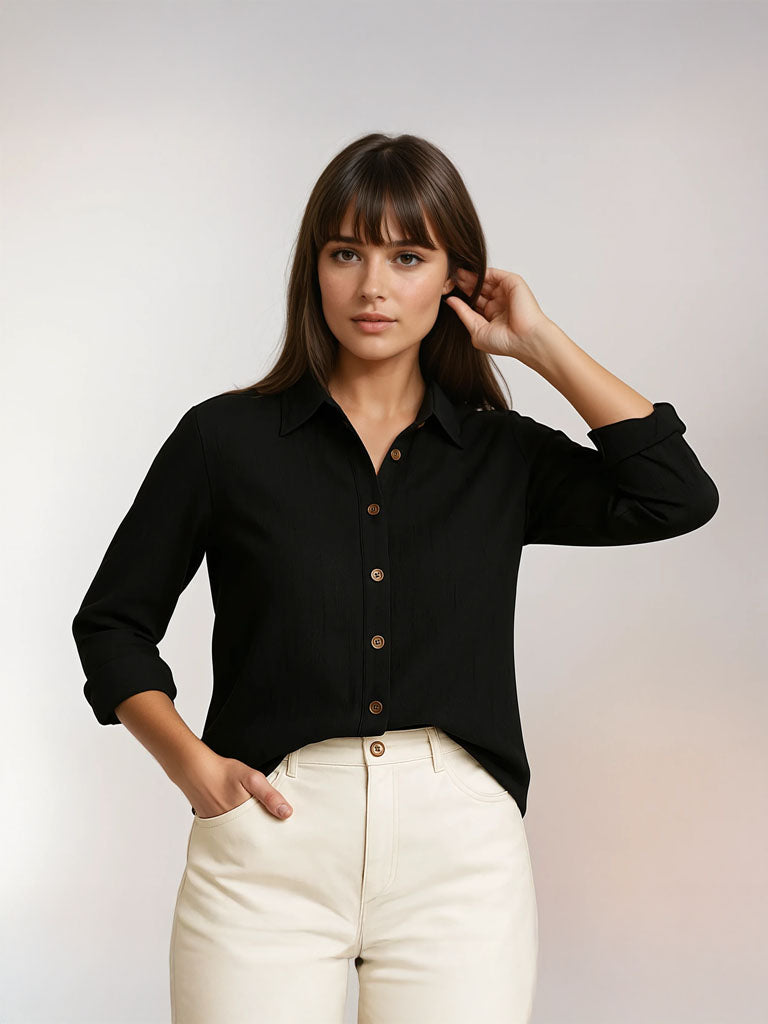 Womens Casual Long Sleeve Button-Down Top – Lightweight Pleated Design