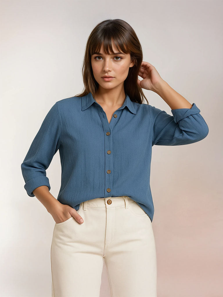 Womens Casual Long Sleeve Button-Down Top – Lightweight Pleated Design