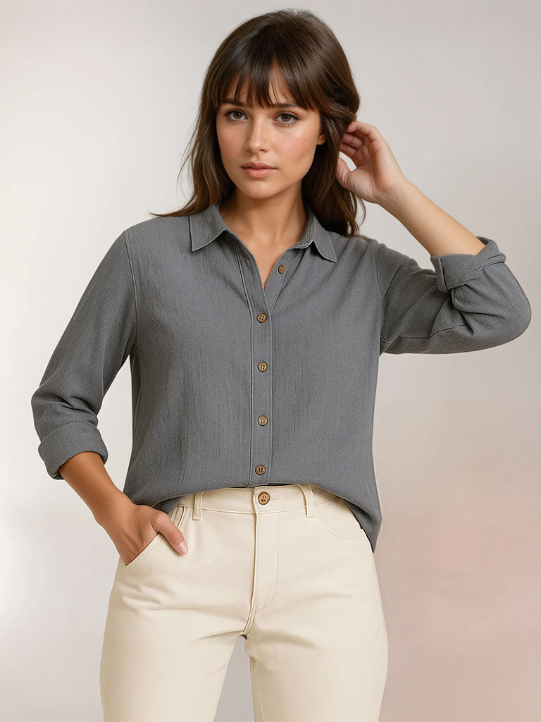 Womens Casual Long Sleeve Button-Down Top – Lightweight Pleated Design