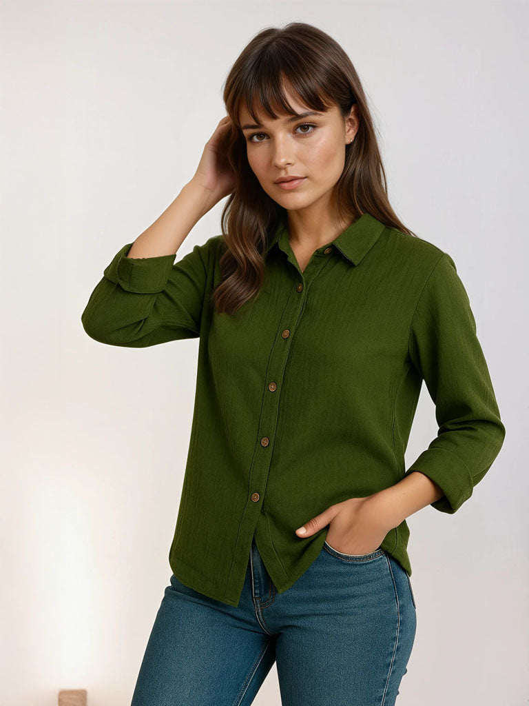 Womens Casual Long Sleeve Button-Down Top – Lightweight Pleated Design