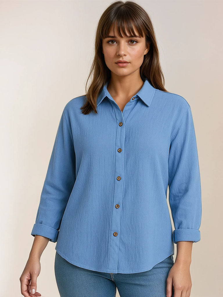 Womens Casual Long Sleeve Button-Down Top – Lightweight Pleated Design