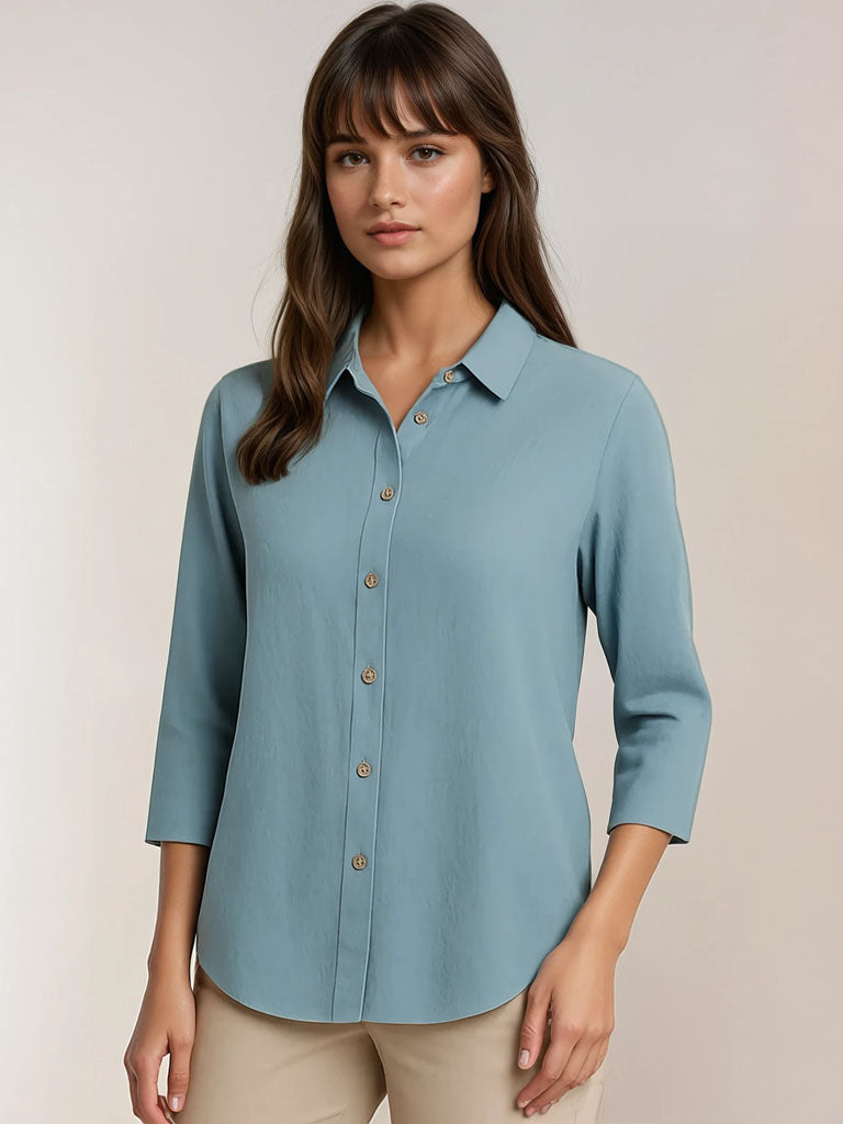 Womens Casual Long Sleeve Button-Down Top – Lightweight Pleated Design