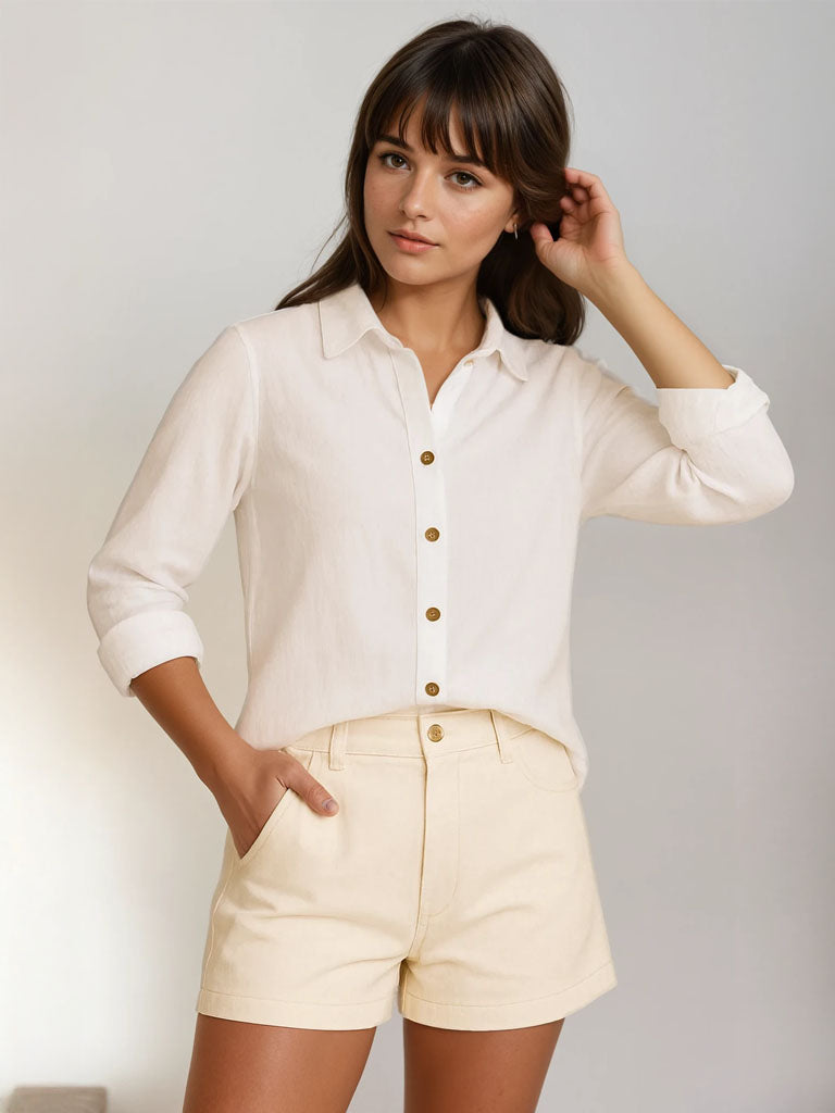 Womens Casual Long Sleeve Button-Down Top – Lightweight Pleated Design