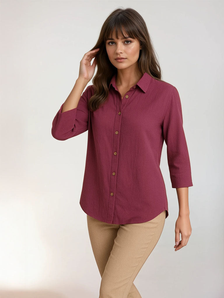 Womens Casual Long Sleeve Button-Down Top – Lightweight Pleated Design