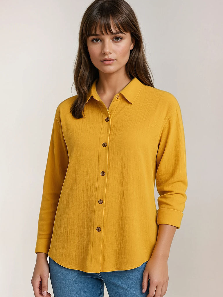 Womens Casual Long Sleeve Button-Down Top – Lightweight Pleated Design