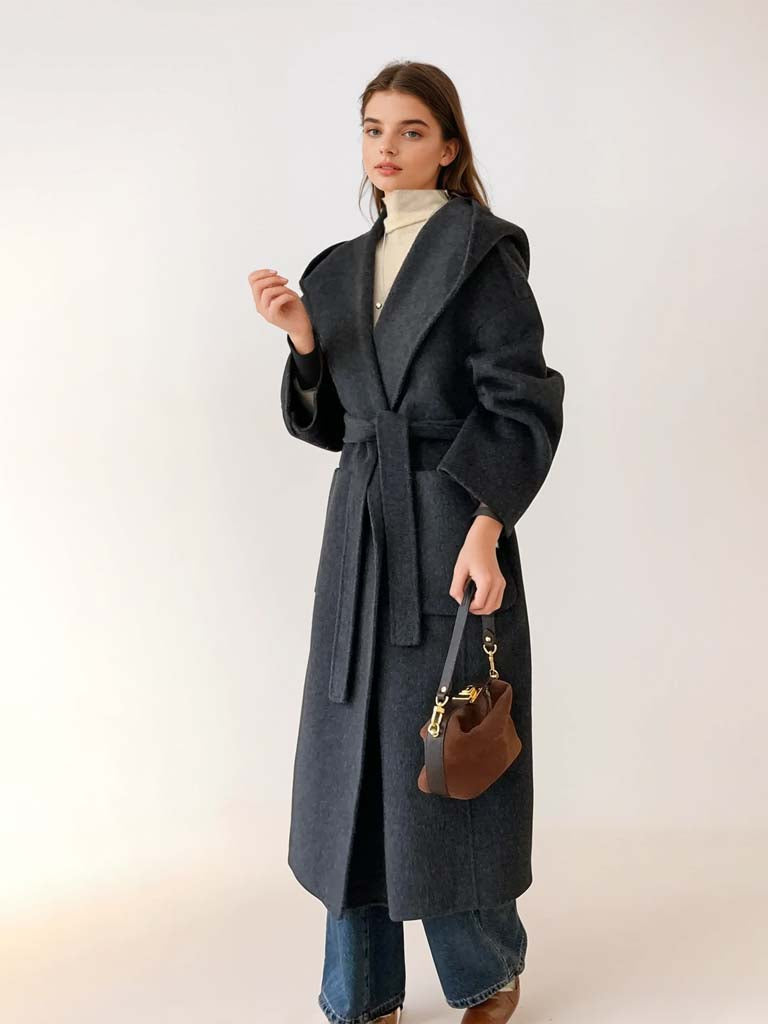 Women's 100% Wool Hooded Overcoat | Hand-Stitched Double-Faced Wool Coat