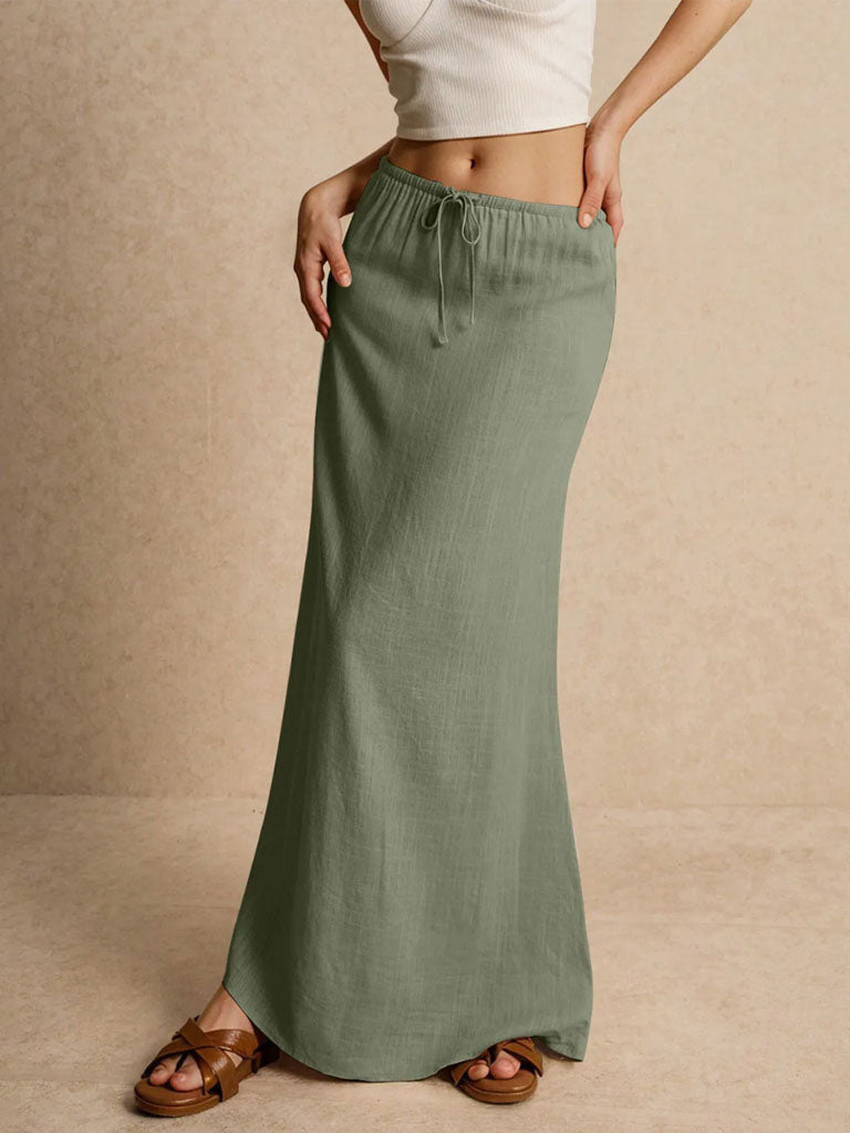 Solid Color Elastic Waist Maxi Skirt | Cotton A-Line