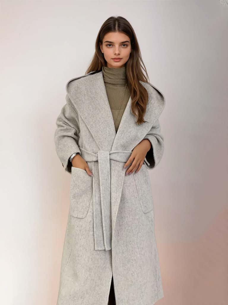 Women's 100% Wool Hooded Overcoat | Hand-Stitched Double-Faced Wool Coat