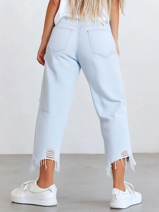 Women's Ripped Denim Jeans | Casual Loose Mid-Waist Cropped Pants