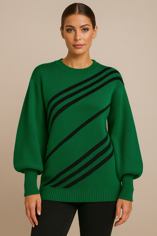 Woman wearing Green Striped Lantern Sleeve Pullover