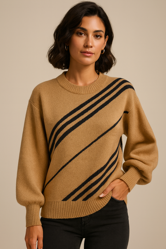 Woman wearing Khaki Striped Lantern Sleeve Pullover