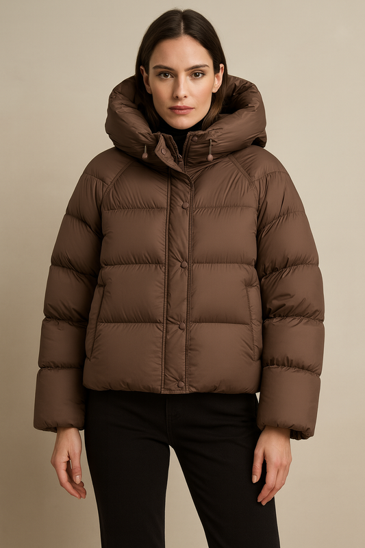 Woman wearing Mocha Brown Chalet Puff Down Jacket