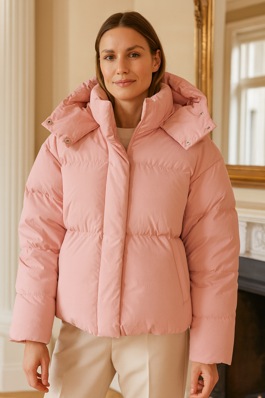 Woman wearing Blush Loft Puffer Coat