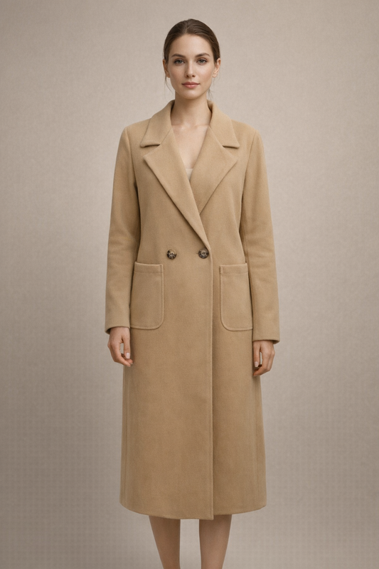 Woman wearing Khaki Heritage Wool Button Coat