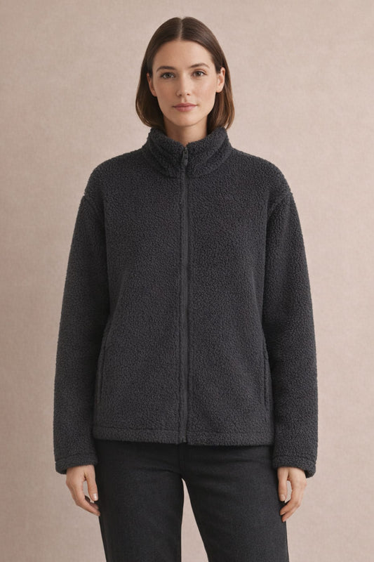 Woman wearing Charcoal Alpine Sherpa Fleece Jacket