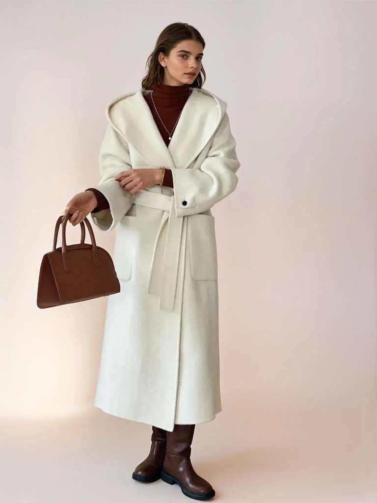 Women's 100% Wool Hooded Overcoat | Hand-Stitched Double-Faced Wool Coat