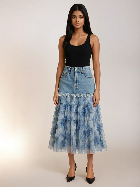 Layered Mesh-Stitch Tiered Denim Maxi Skirt | Edgy Street Style S–XL