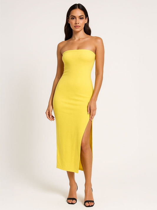 Off‑Shoulder Tube Top Midi Dress with Side Slit
