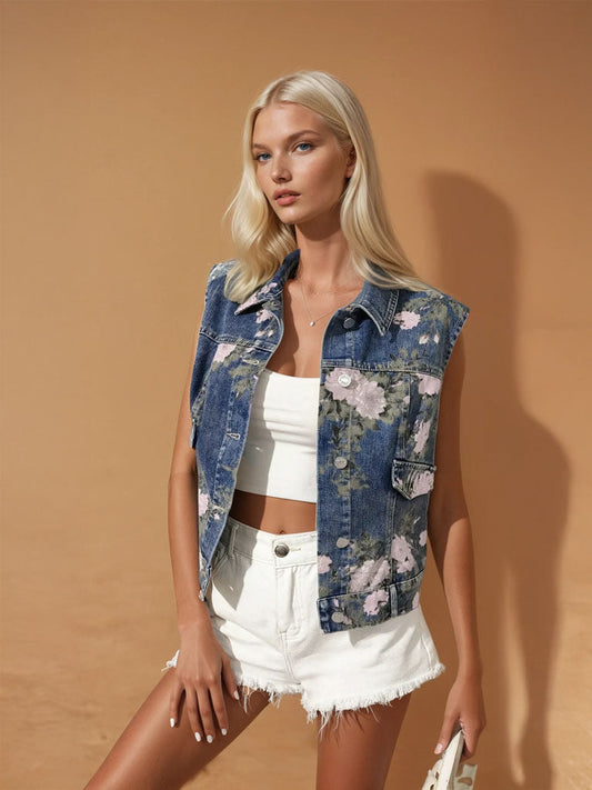 Dark Blue Cotton Flower Print Denim Vest