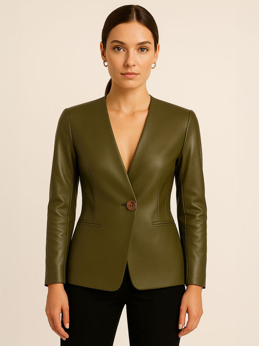 V‑Neck Slim Faux Leather Blazer Coat